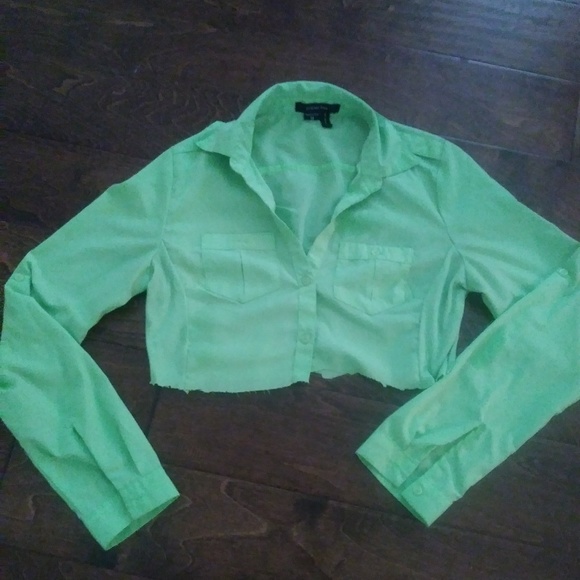 Neon Green Sheer Hand-Cropped Button Up - Picture 3 of 3